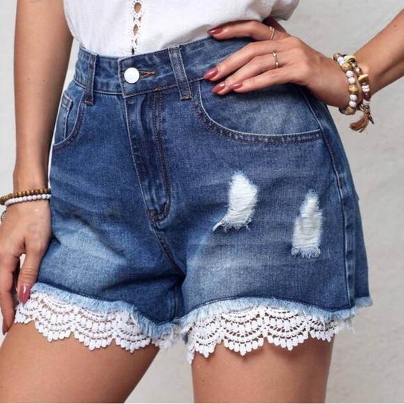 Crochet Denim shorts Jean patchwork 4 27 distressed holes XS womens boho lace S - Picture 6 of 7